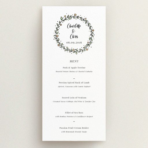 A wedding menu card called "Wreath Outline". It is a tall (DL) menu in a portrait orientation. "Wreath Outline" is available as a flat menu, with tones of white and green.