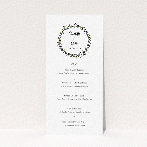 A wedding menu card called "Wreath Outline". It is a tall (DL) menu in a portrait orientation. "Wreath Outline" is available as a flat menu, with tones of white and green.