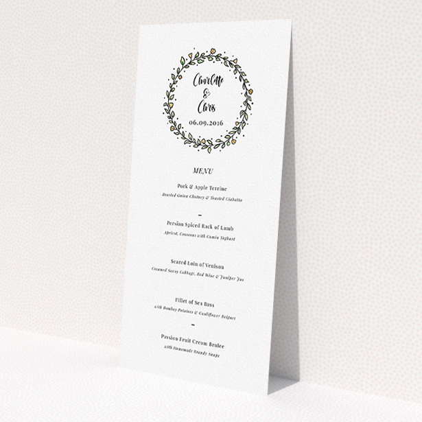 A wedding menu card called 'Wreath Outline'. It is a tall (DL) menu in a portrait orientation. 'Wreath Outline' is available as a flat menu, with tones of white and green.