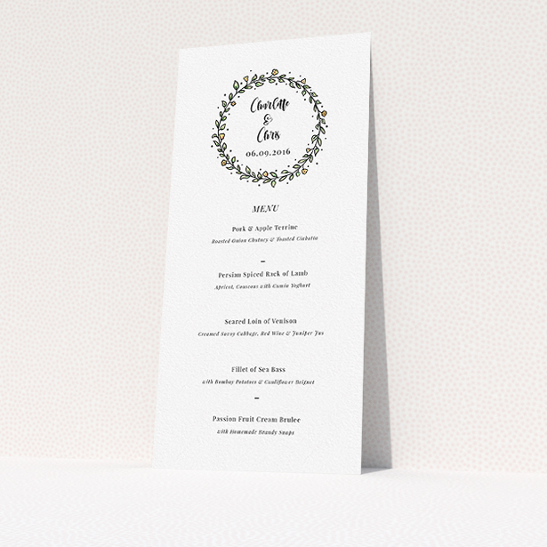 A wedding menu card called "Wreath Outline". It is a tall (DL) menu in a portrait orientation. "Wreath Outline" is available as a flat menu, with tones of white and green.