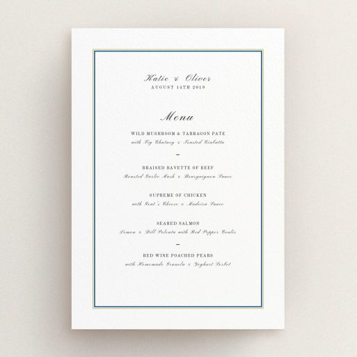 Wedding Menu Card Design - "Yellow Blue Simple" A wedding menu card template titled "Yellow Blue Simple". It is an A5 menu in a portrait orientation. "Yellow Blue Simple" is available as a flat menu, with tones of white and Gold.