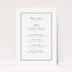 A wedding menu card template titled "Yellow Blue Simple". It is an A5 menu in a portrait orientation. "Yellow Blue Simple" is available as a flat menu, with tones of white and Gold.