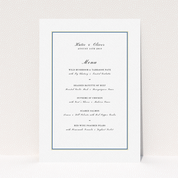 A wedding menu card template titled "Yellow Blue Simple". It is an A5 menu in a portrait orientation. "Yellow Blue Simple" is available as a flat menu, with tones of white and Gold.