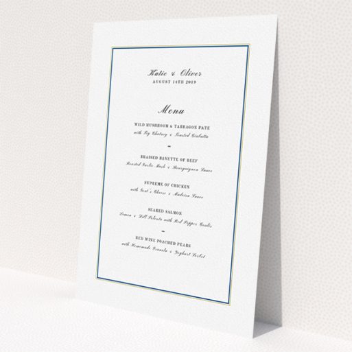 A wedding menu card template titled 'Yellow Blue Simple'. It is an A5 menu in a portrait orientation. 'Yellow Blue Simple' is available as a flat menu, with tones of white and Gold.