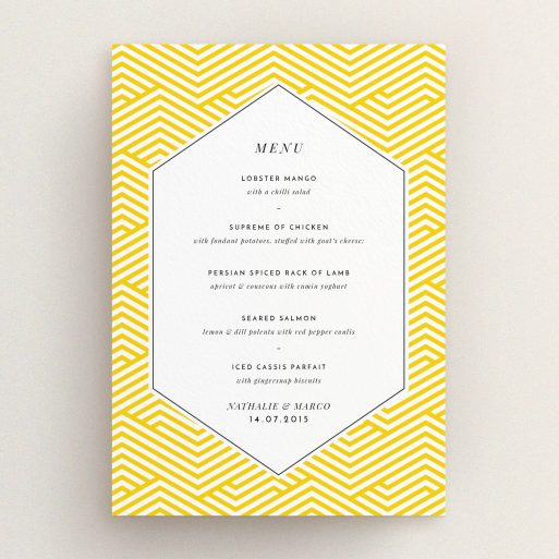 Wedding Menu Card Design - "Yellow lines" A wedding menu card template titled "Yellow lines". It is an A5 menu in a portrait orientation. "Yellow lines" is available as a flat menu, with tones of yellow and white.