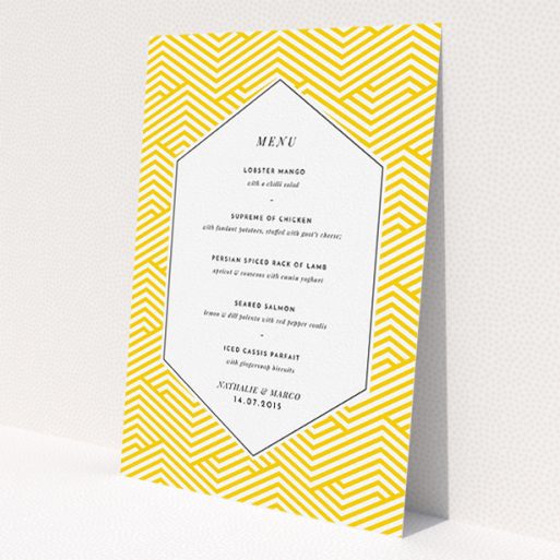 A wedding menu card template titled 'Yellow lines'. It is an A5 menu in a portrait orientation. 'Yellow lines' is available as a flat menu, with tones of yellow and white.