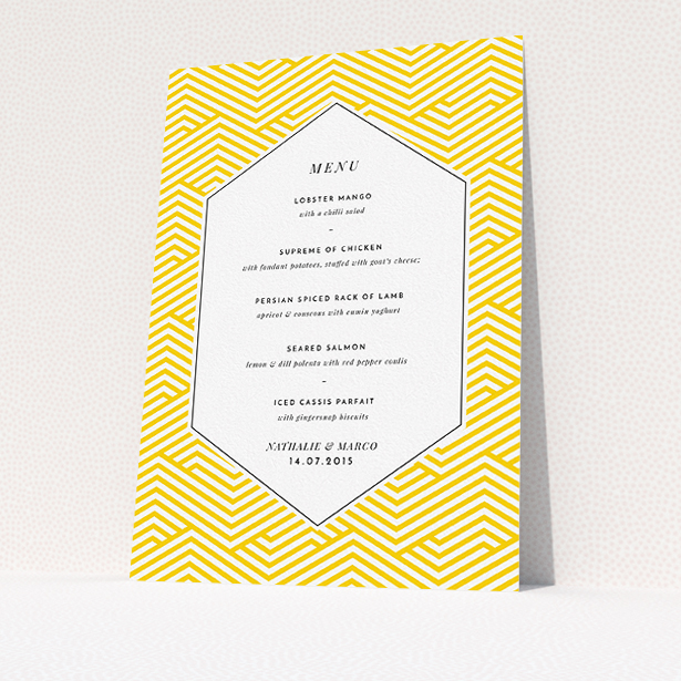 A wedding menu card template titled "Yellow lines". It is an A5 menu in a portrait orientation. "Yellow lines" is available as a flat menu, with tones of yellow and white.