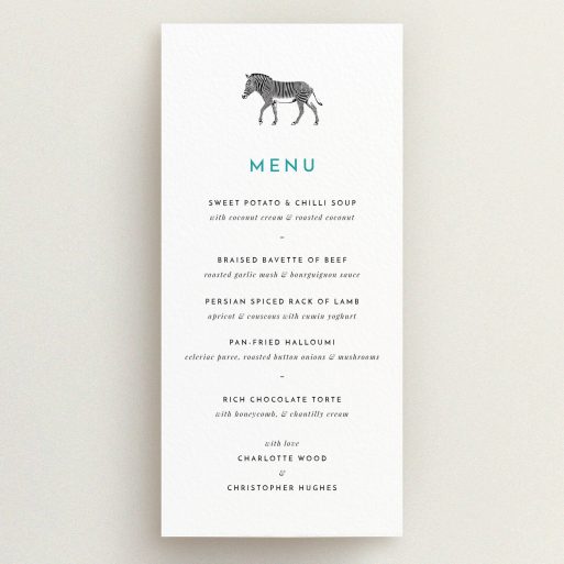Wedding Menu Card Design - "Zebra crossing" A wedding menu card named "Zebra crossing". It is a tall (DL) menu in a portrait orientation. "Zebra crossing" is available as a flat menu, with tones of white and green.