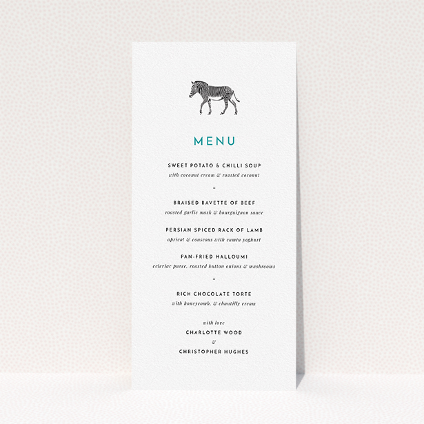 A wedding menu card named "Zebra crossing". It is a tall (DL) menu in a portrait orientation. "Zebra crossing" is available as a flat menu, with tones of white and green.