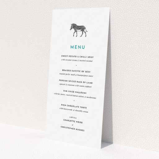 A wedding menu card named 'Zebra crossing'. It is a tall (DL) menu in a portrait orientation. 'Zebra crossing' is available as a flat menu, with tones of white and green.