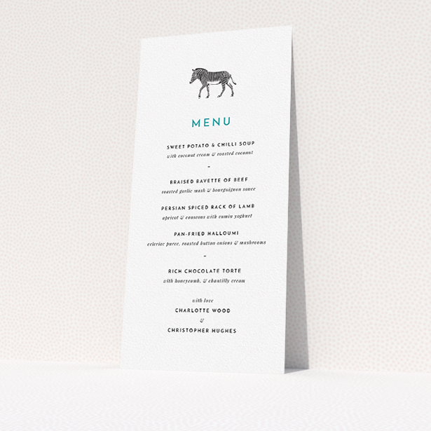 A wedding menu card named "Zebra crossing". It is a tall (DL) menu in a portrait orientation. "Zebra crossing" is available as a flat menu, with tones of white and green.