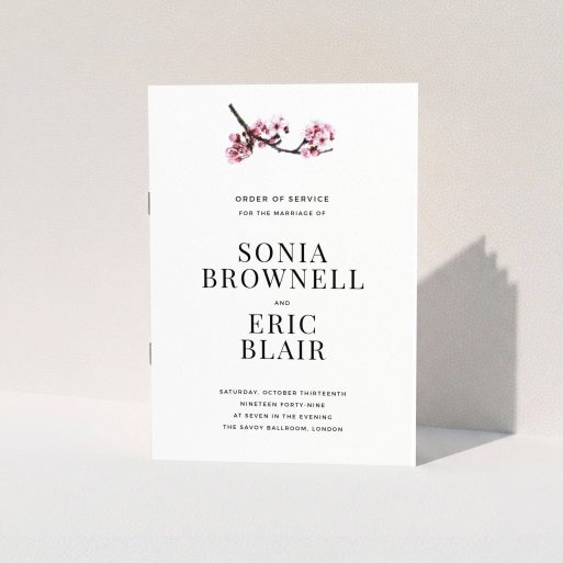 A wedding order of service design named "A side of Blossom". It is an A5 booklet in a portrait orientation. "A side of Blossom" is available as a folded booklet booklet, with mainly white colouring.