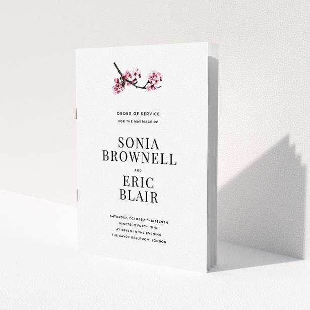 A wedding order of service design named 'A side of Blossom'. It is an A5 booklet in a portrait orientation. 'A side of Blossom' is available as a folded booklet booklet, with mainly white colouring.