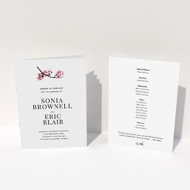 A wedding order of service design named "A side of Blossom". It is an A5 booklet in a portrait orientation. "A side of Blossom" is available as a folded booklet booklet, with mainly white colouring.