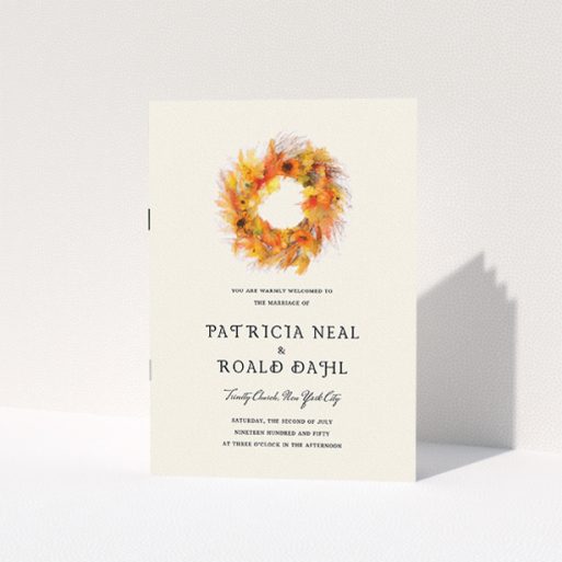 A wedding order of service design called "Autumn wreath ". It is an A5 booklet in a portrait orientation. "Autumn wreath " is available as a folded booklet booklet, with tones of orange and cream.