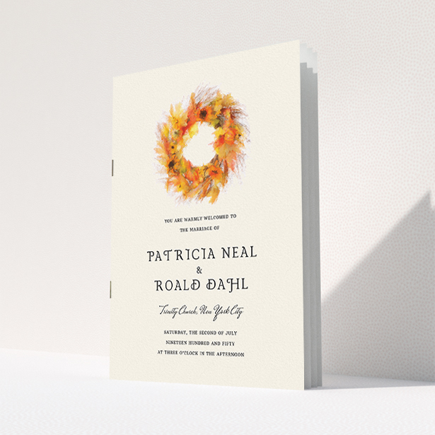 A wedding order of service design called "Autumn wreath ". It is an A5 booklet in a portrait orientation. "Autumn wreath " is available as a folded booklet booklet, with tones of orange and cream.
