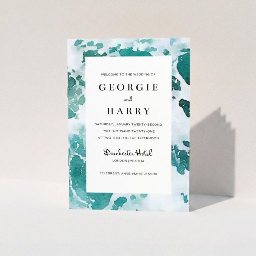 Wedding Order Of Service Design - "Awash" A wedding order of service called "Awash". It is an A5 booklet in a portrait orientation. "Awash" is available as a folded booklet booklet, with tones of blue, green and light blue.