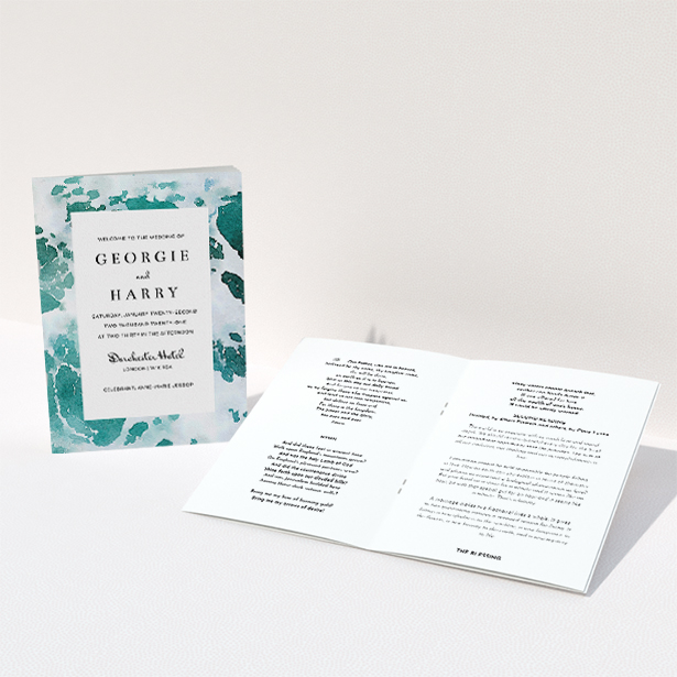 A wedding order of service called "Awash". It is an A5 booklet in a portrait orientation. "Awash" is available as a folded booklet booklet, with tones of blue, green and light blue.