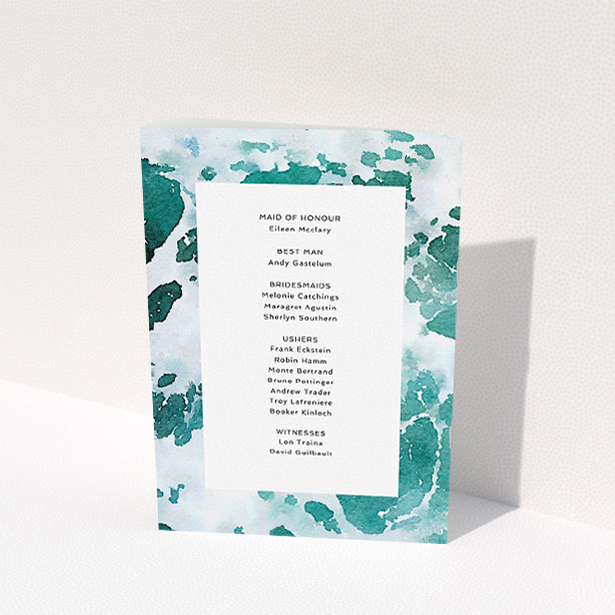 A wedding order of service called "Awash". It is an A5 booklet in a portrait orientation. "Awash" is available as a folded booklet booklet, with tones of blue, green and light blue.