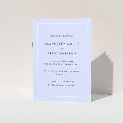 A wedding order of service called "Baby Blue Classic". It is an A5 booklet in a portrait orientation. "Baby Blue Classic" is available as a folded booklet booklet, with tones of blue and white.