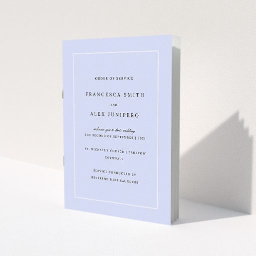 A wedding order of service called 'Baby Blue Classic'. It is an A5 booklet in a portrait orientation. 'Baby Blue Classic' is available as a folded booklet booklet, with tones of blue and white.