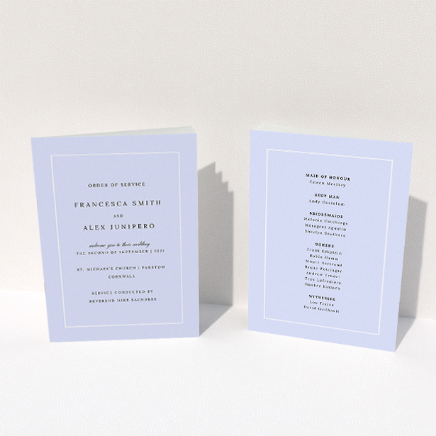 A wedding order of service called "Baby Blue Classic". It is an A5 booklet in a portrait orientation. "Baby Blue Classic" is available as a folded booklet booklet, with tones of blue and white.