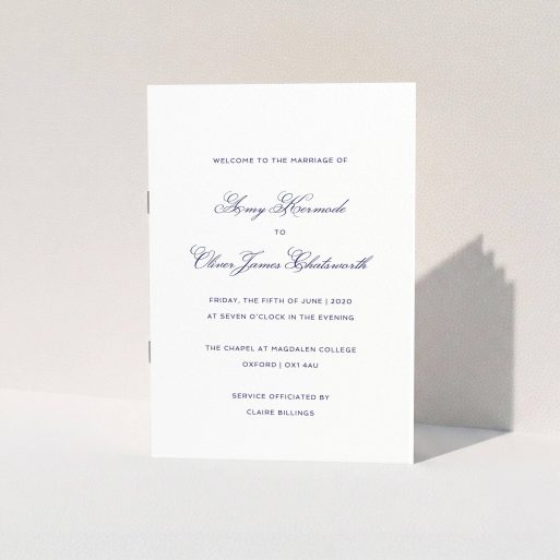 Wedding Order Of Service Design - "Berkeley Square" A wedding order of service design titled "Berkeley Square". It is an A5 booklet in a portrait orientation. "Berkeley Square" is available as a folded booklet booklet, with tones of white and Navy blue.