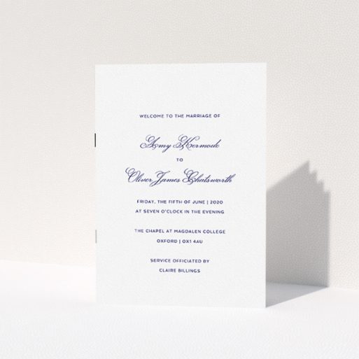 A wedding order of service design titled "Berkeley Square". It is an A5 booklet in a portrait orientation. "Berkeley Square" is available as a folded booklet booklet, with tones of white and Navy blue.