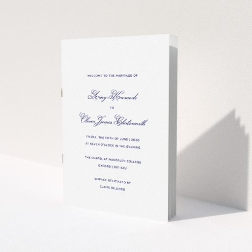 A wedding order of service design titled 'Berkeley Square'. It is an A5 booklet in a portrait orientation. 'Berkeley Square' is available as a folded booklet booklet, with tones of white and Navy blue.