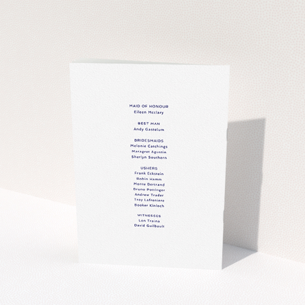 A wedding order of service design titled "Berkeley Square". It is an A5 booklet in a portrait orientation. "Berkeley Square" is available as a folded booklet booklet, with tones of white and Navy blue.
