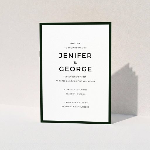A wedding order of service design titled "Black and White Classic". It is an A5 booklet in a portrait orientation. "Black and White Classic" is available as a folded booklet booklet, with tones of black and white.
