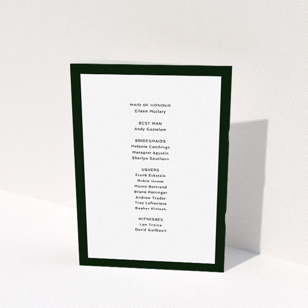 A wedding order of service design titled "Black and White Classic". It is an A5 booklet in a portrait orientation. "Black and White Classic" is available as a folded booklet booklet, with tones of black and white.