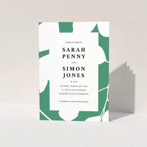 Wedding Order Of Service Design - "Bold Green Florals" A wedding order of service design named "Bold Green Florals". It is an A5 booklet in a portrait orientation. "Bold Green Florals" is available as a folded booklet booklet, with tones of green and white.
