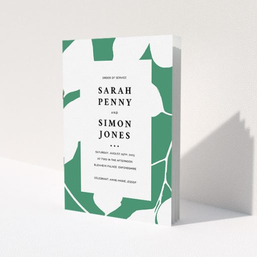 A wedding order of service design named 'Bold Green Florals'. It is an A5 booklet in a portrait orientation. 'Bold Green Florals' is available as a folded booklet booklet, with tones of green and white.
