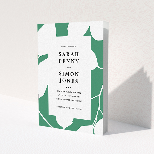 A wedding order of service design named "Bold Green Florals". It is an A5 booklet in a portrait orientation. "Bold Green Florals" is available as a folded booklet booklet, with tones of green and white.