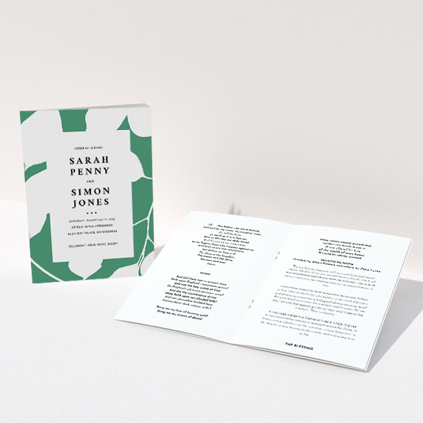 A wedding order of service design named "Bold Green Florals". It is an A5 booklet in a portrait orientation. "Bold Green Florals" is available as a folded booklet booklet, with tones of green and white.