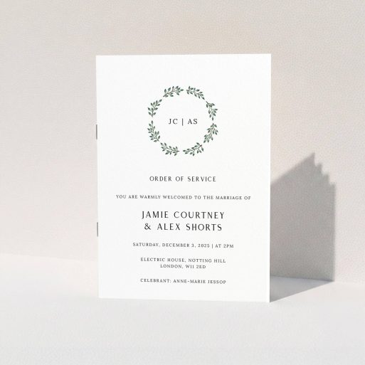 A wedding order of service called "Bold Wreath Monogrammed". It is an A5 booklet in a portrait orientation. "Bold Wreath Monogrammed" is available as a folded booklet booklet, with tones of white and green.