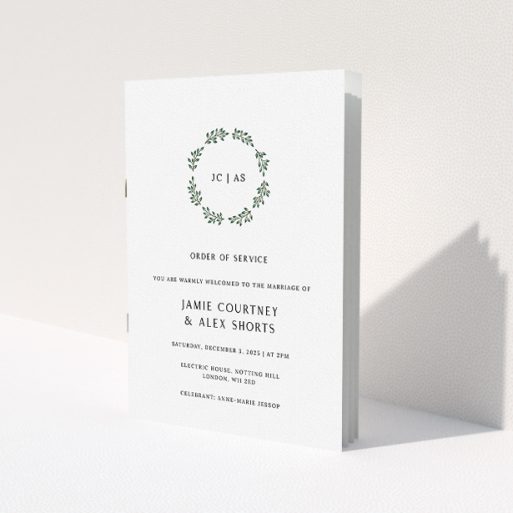 A wedding order of service called 'Bold Wreath Monogrammed'. It is an A5 booklet in a portrait orientation. 'Bold Wreath Monogrammed' is available as a folded booklet booklet, with tones of white and green.