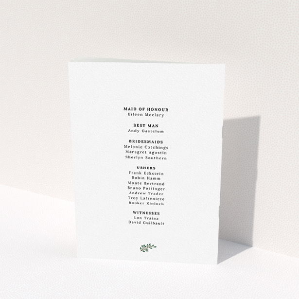 A wedding order of service called "Bold Wreath Monogrammed". It is an A5 booklet in a portrait orientation. "Bold Wreath Monogrammed" is available as a folded booklet booklet, with tones of white and green.