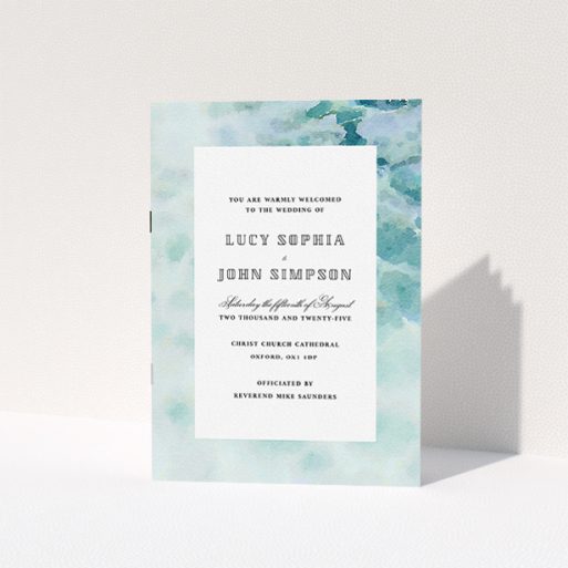 A wedding order of service design called "Calm Waters Cover". It is an A5 booklet in a portrait orientation. "Calm Waters Cover" is available as a folded booklet booklet, with tones of blue and white.