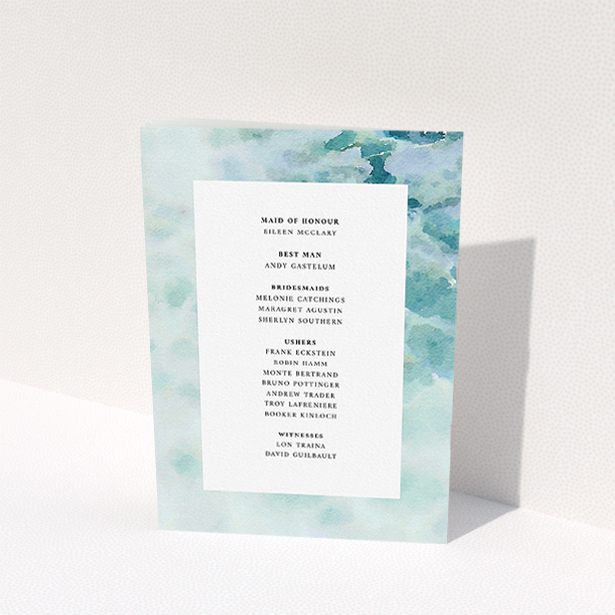 A wedding order of service design called "Calm Waters Cover". It is an A5 booklet in a portrait orientation. "Calm Waters Cover" is available as a folded booklet booklet, with tones of blue and white.