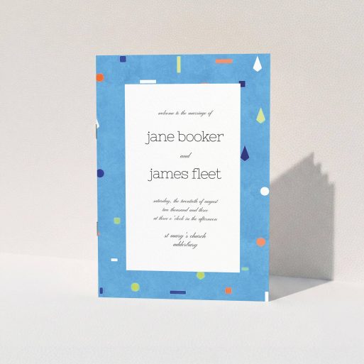 A wedding order of service design titled "Capri". It is an A5 booklet in a portrait orientation. "Capri" is available as a folded booklet booklet, with tones of light blue and orange.
