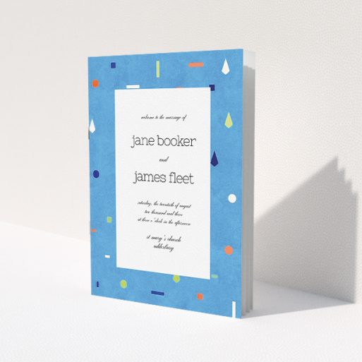 A wedding order of service design titled 'Capri'. It is an A5 booklet in a portrait orientation. 'Capri' is available as a folded booklet booklet, with tones of light blue and orange.