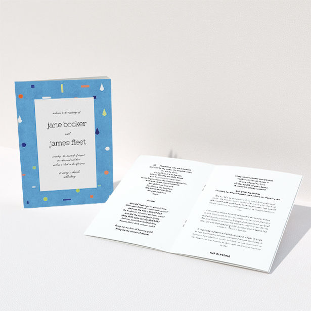 A wedding order of service design titled "Capri". It is an A5 booklet in a portrait orientation. "Capri" is available as a folded booklet booklet, with tones of light blue and orange.