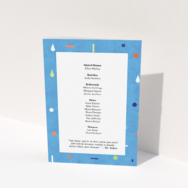 A wedding order of service design titled "Capri". It is an A5 booklet in a portrait orientation. "Capri" is available as a folded booklet booklet, with tones of light blue and orange.