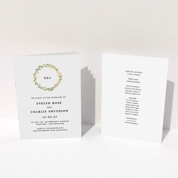 A wedding order of service called "Classic Monogrammed Wreath". It is an A5 booklet in a portrait orientation. "Classic Monogrammed Wreath" is available as a folded booklet booklet, with tones of white and green.