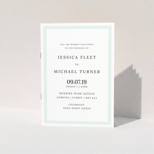 A wedding order of service design named "Classic Order of Service". It is an A5 booklet in a portrait orientation. "Classic Order of Service" is available as a folded booklet booklet, with tones of green and white.