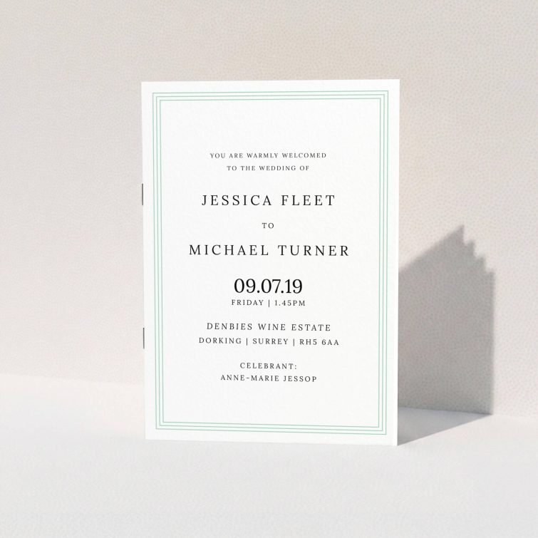 A wedding order of service design named "Classic Order of Service". It is an A5 booklet in a portrait orientation. "Classic Order of Service" is available as a folded booklet booklet, with tones of green and white.