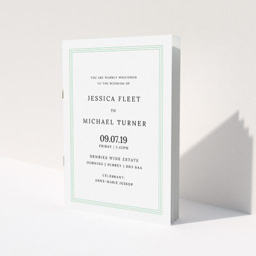 A wedding order of service design named 'Classic Order of Service'. It is an A5 booklet in a portrait orientation. 'Classic Order of Service' is available as a folded booklet booklet, with tones of green and white.