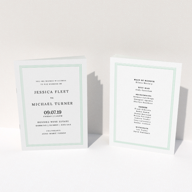 A wedding order of service design named "Classic Order of Service". It is an A5 booklet in a portrait orientation. "Classic Order of Service" is available as a folded booklet booklet, with tones of green and white.